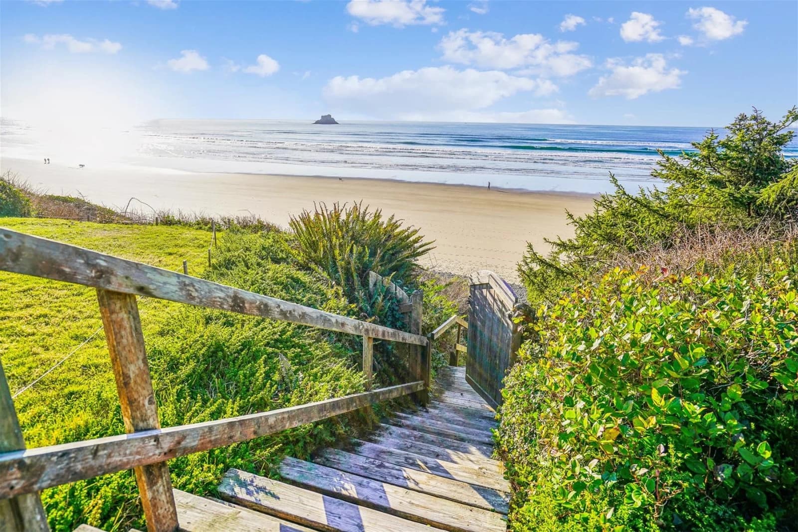 Weathered wood stairs through coastal greenery down to an Arch Cape beach and ocean